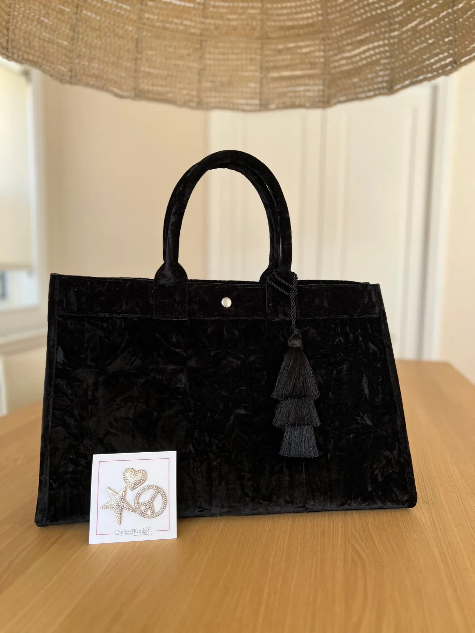 Black Velvet East West Bag   FREE Black Tassel   FREE Gold Jewelry Pins