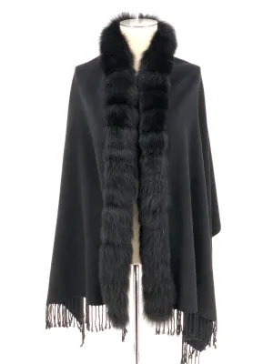 BLACK WOOL WITH FOX TRIM SHAWL