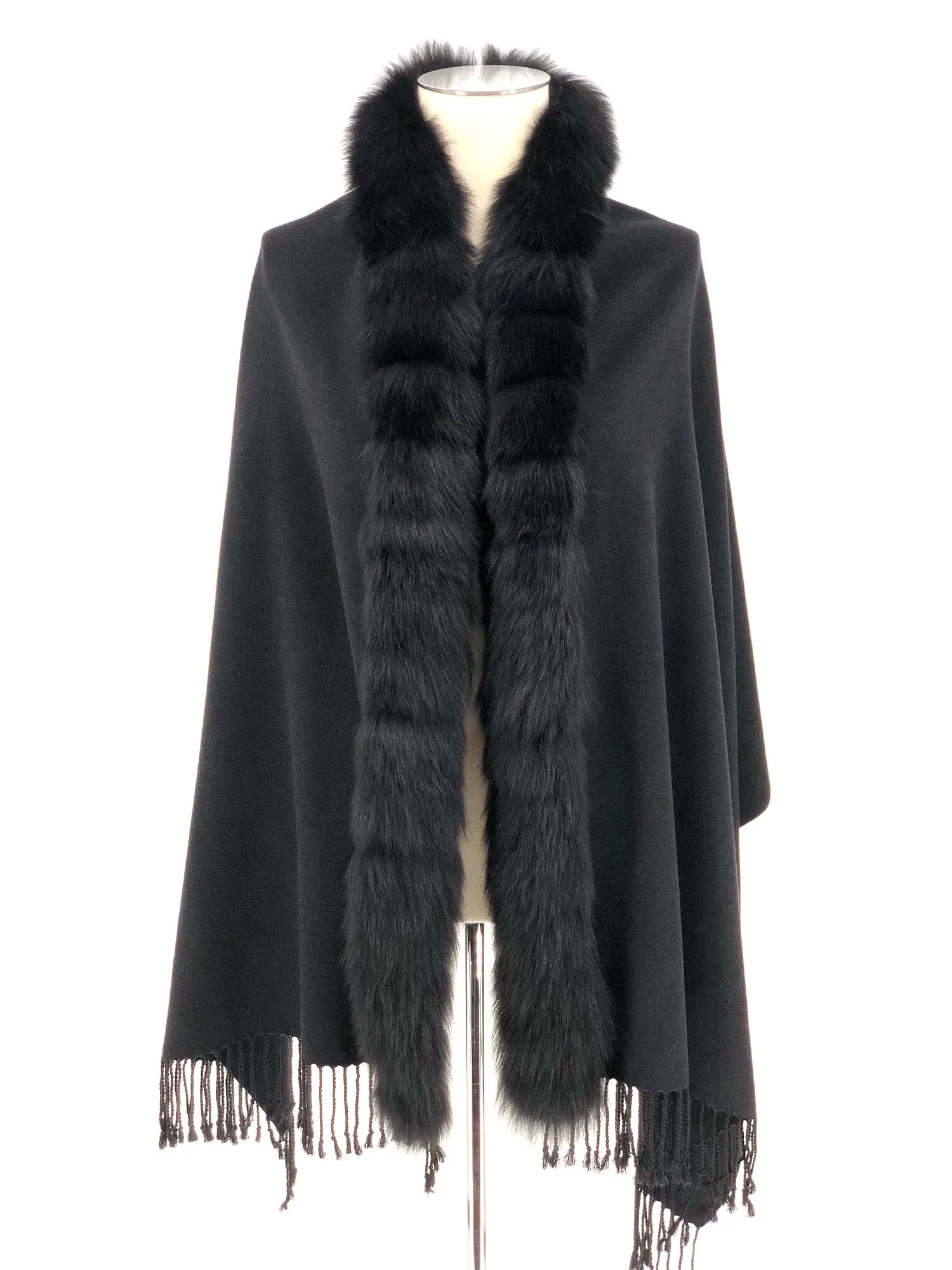 BLACK WOOL WITH FOX TRIM SHAWL