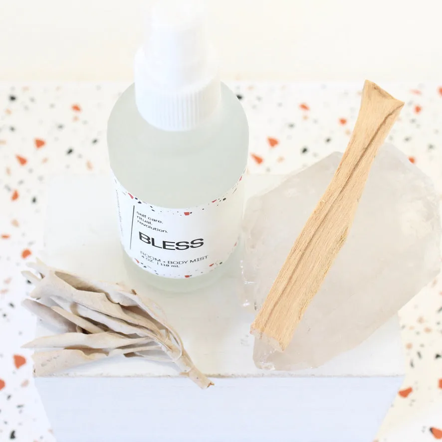 BLESS Energy Cleansing Spray. Cedar. Citrus. Sage. Palo Santo. Antibacterial Yoga Mat Mist. Quartz Crystal. 4 oz.