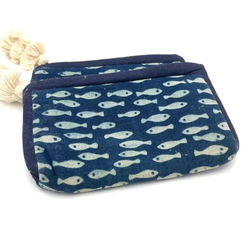 Blue Batik Fabric Tassel Pouch