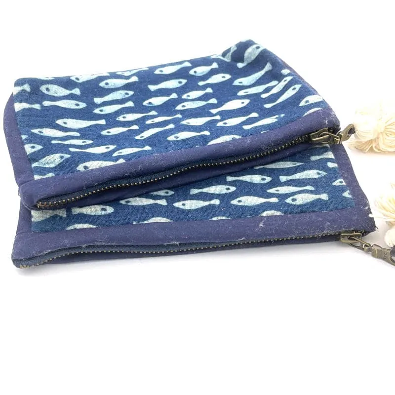 Blue Batik Fabric Tassel Pouch