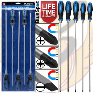 BLUESPOT 5PCS EXTRA LONG MAGNETIC SCREWDRIVER SET ( SLOTTED - PHILLIPS - POZIDRIVE )
