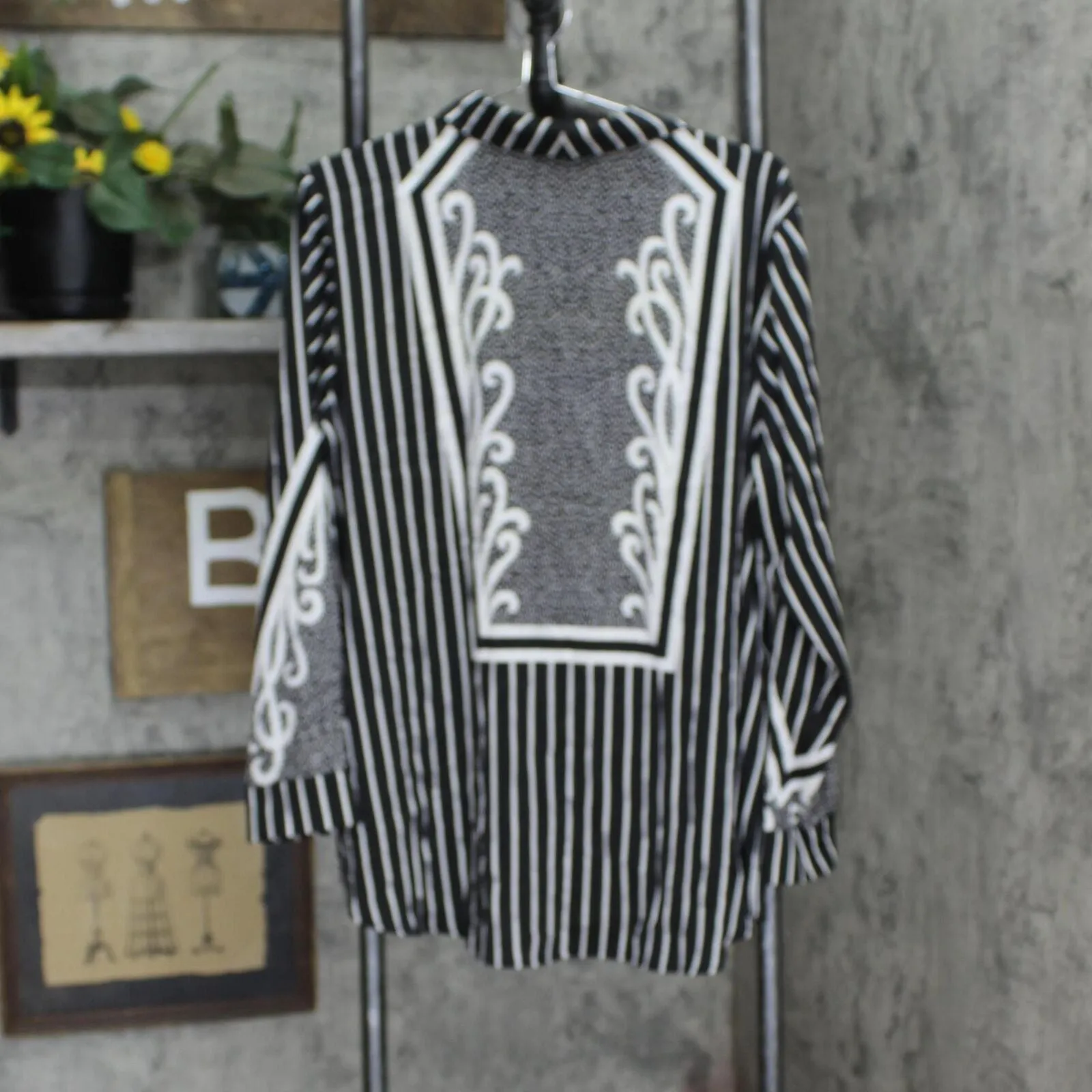 Bob Mackie Womens Woven Pinstriped Print Button Front Blouse A305229 Black 1X