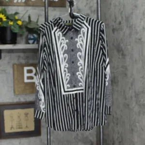 Bob Mackie Womens Woven Pinstriped Print Button Front Blouse A305229 Black 1X