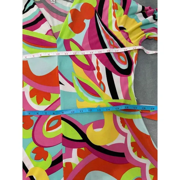 Chaus New York Multi Color Belted Short Sleeve Patterned Midi Dress Large