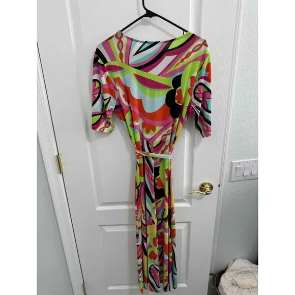 Chaus New York Multi Color Belted Short Sleeve Patterned Midi Dress Large