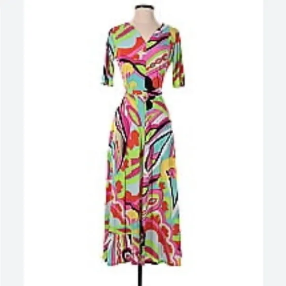 Chaus New York Multi Color Belted Short Sleeve Patterned Midi Dress Large
