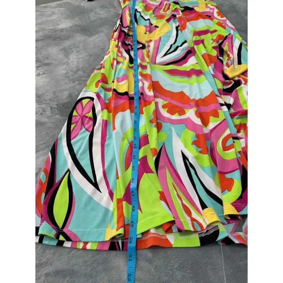 Chaus New York Multi Color Belted Short Sleeve Patterned Midi Dress Large