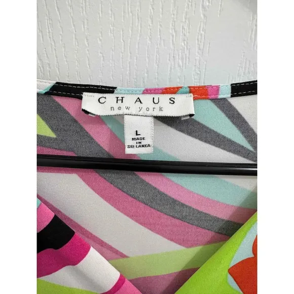 Chaus New York Multi Color Belted Short Sleeve Patterned Midi Dress Large