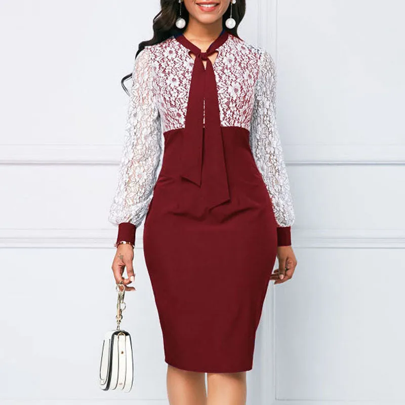 Colorblock Long Sleeve Lace Patchwork Tied Bodycon Dress