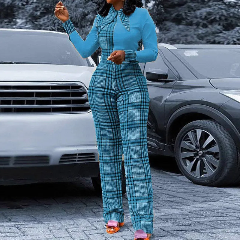 Colorblock Plaid Long Sleeve Jumpsuit