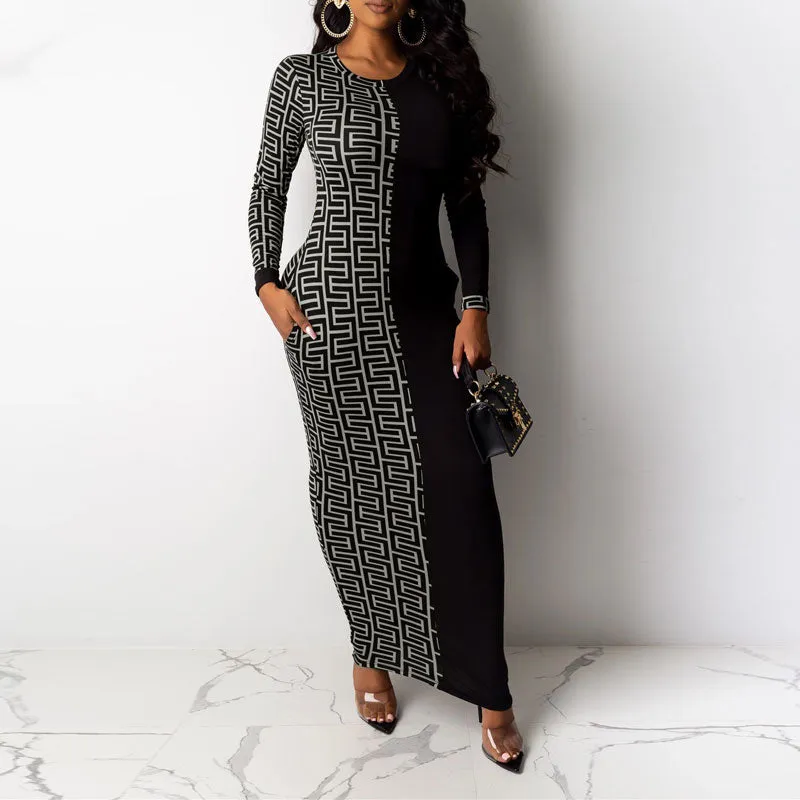 Colorblock Print Long Sleeve Maxi Dress