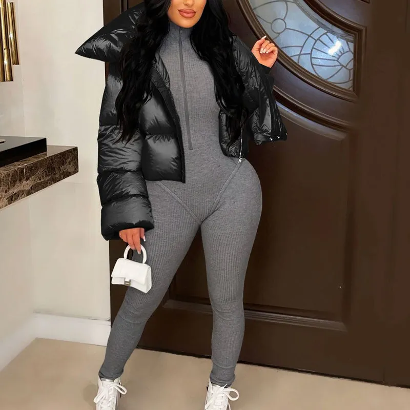 Colorblock Turtleneck Long Sleeve Cotton Jacket