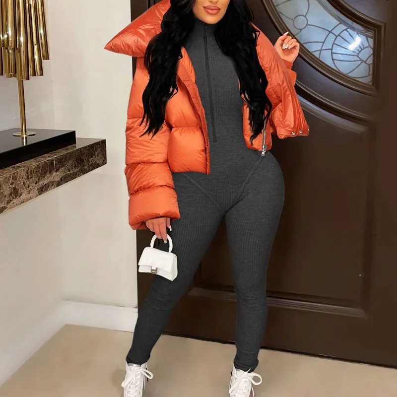Colorblock Turtleneck Long Sleeve Cotton Jacket