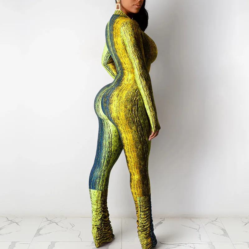 Colorblock V-Neck Long Sleeve Stacket Jumpsuit