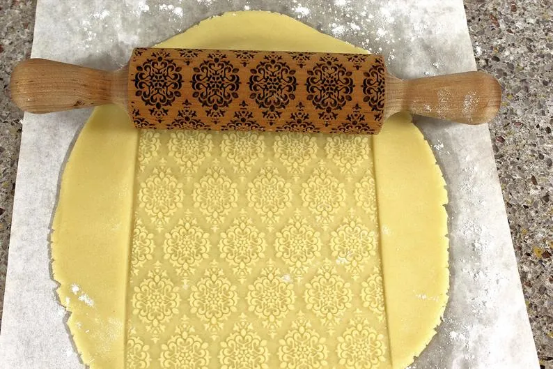 Damask Embossed Rolling Pin, Kaleidoscope, Textured Cookies,Clay Stamp
