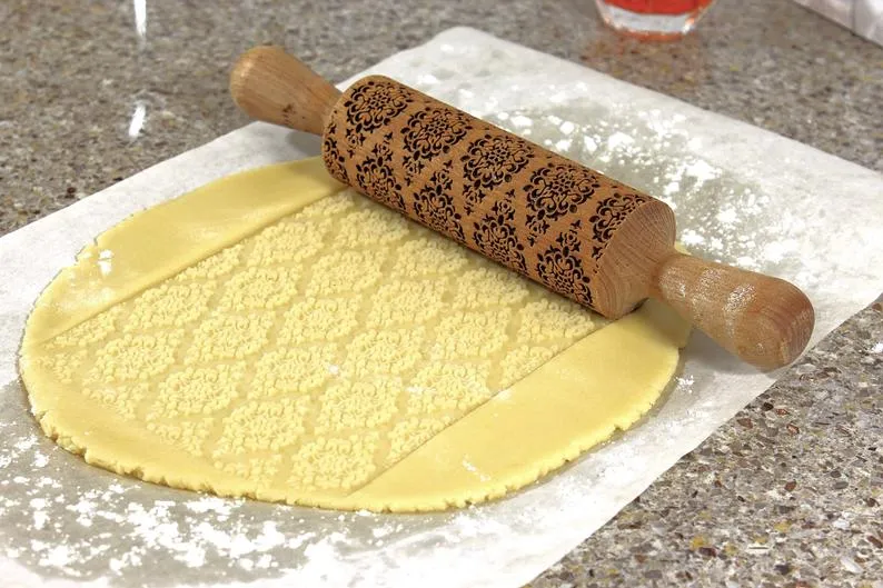 Damask Embossed Rolling Pin, Kaleidoscope, Textured Cookies,Clay Stamp