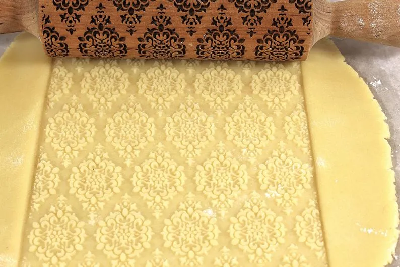Damask Embossed Rolling Pin, Kaleidoscope, Textured Cookies,Clay Stamp