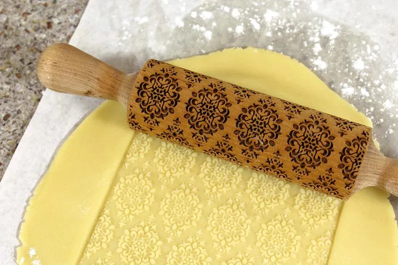 Damask Embossed Rolling Pin, Kaleidoscope, Textured Cookies,Clay Stamp