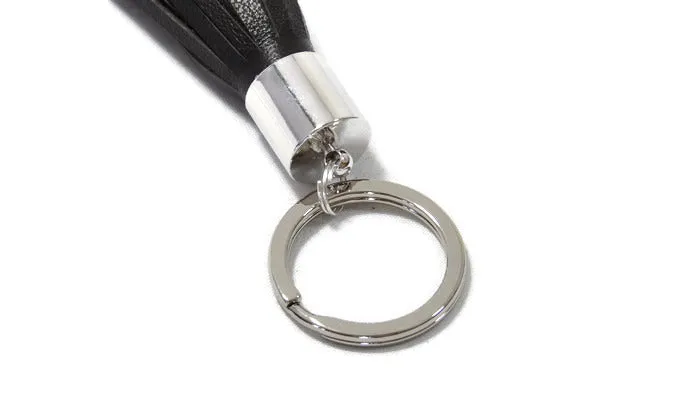 Dark Brown Lambskin Leather Tassel Keychain with Rhodium Plated Brass Top Free Gift Wrap