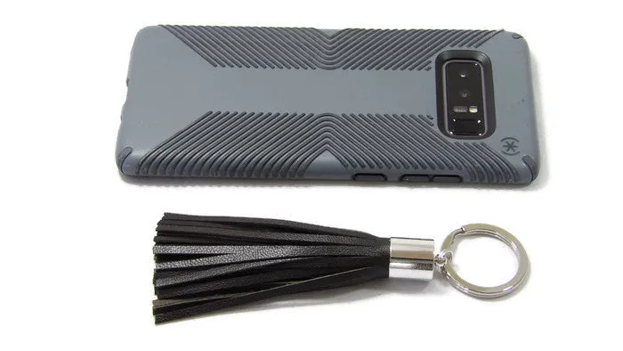 Dark Brown Lambskin Leather Tassel Keychain with Rhodium Plated Brass Top Free Gift Wrap