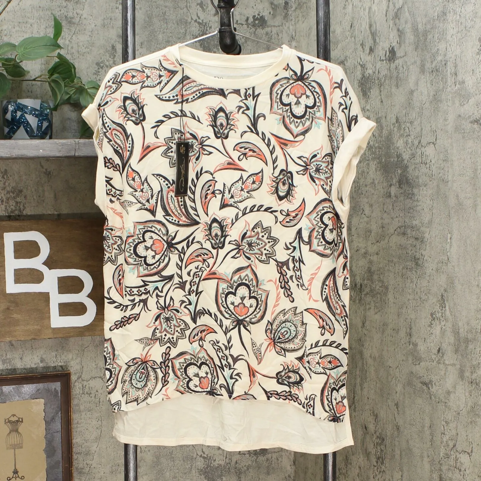 DG2 by Diane Gilman Women's Printed Front Hi Low Hem Mixed Media Top