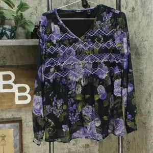 Du Jour Floral Printed Woven Top With Smocking Detail Violet Medium
