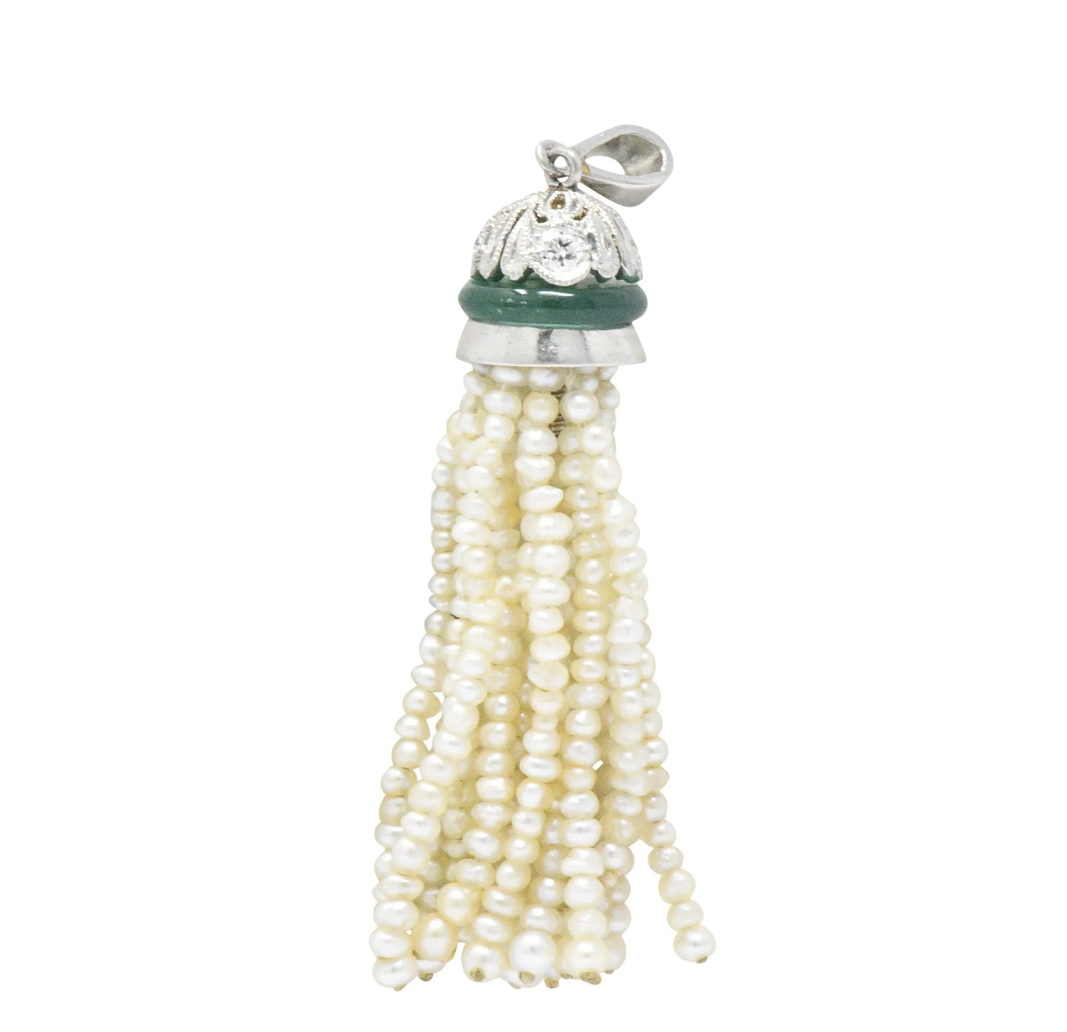 Edwardian Natural Seed Pearl Chalcedony Diamond Platinum Tassel Pendant