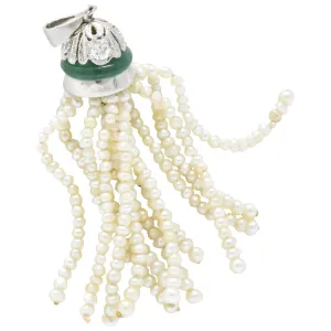 Edwardian Natural Seed Pearl Chalcedony Diamond Platinum Tassel Pendant