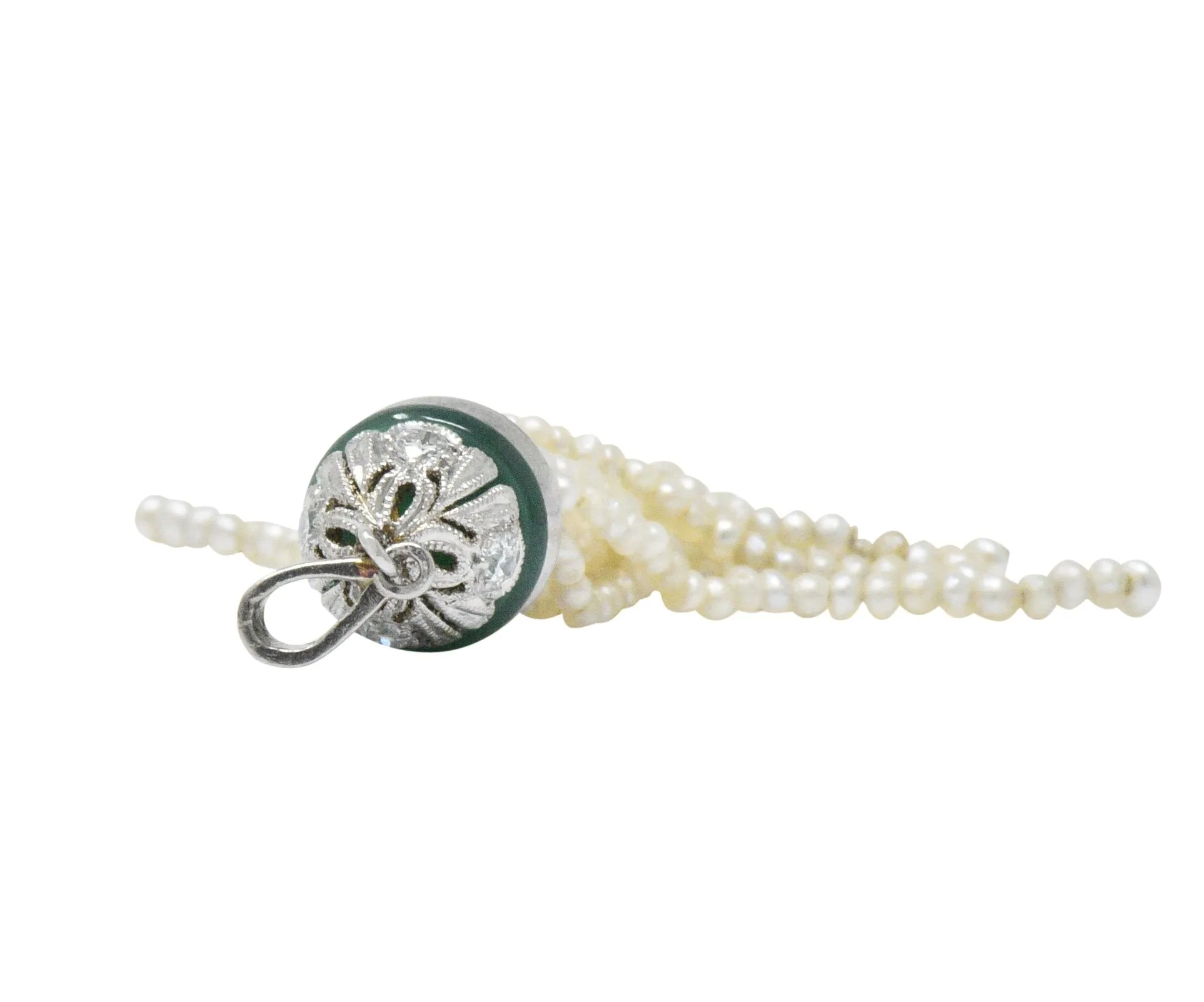 Edwardian Natural Seed Pearl Chalcedony Diamond Platinum Tassel Pendant
