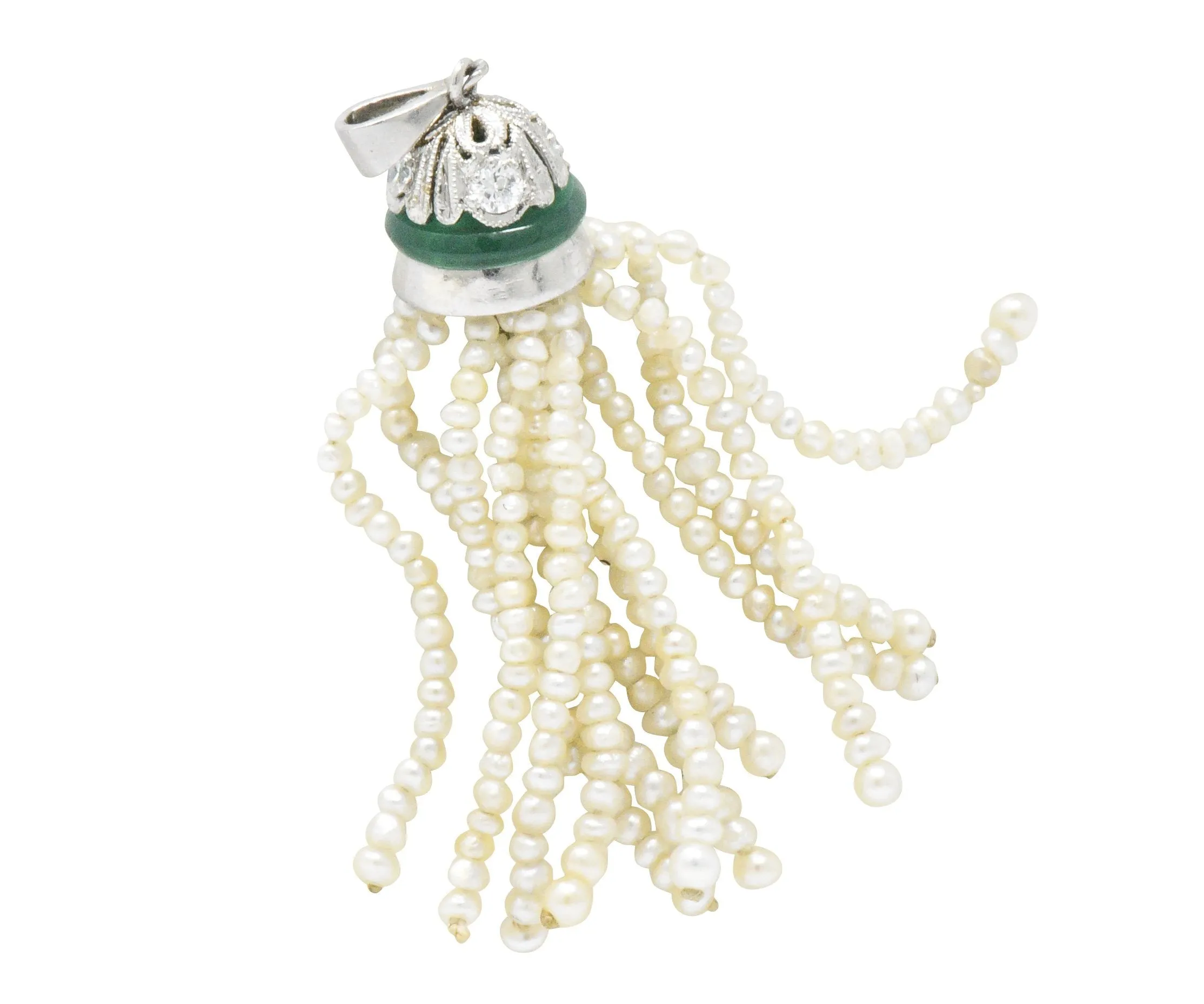 Edwardian Natural Seed Pearl Chalcedony Diamond Platinum Tassel Pendant