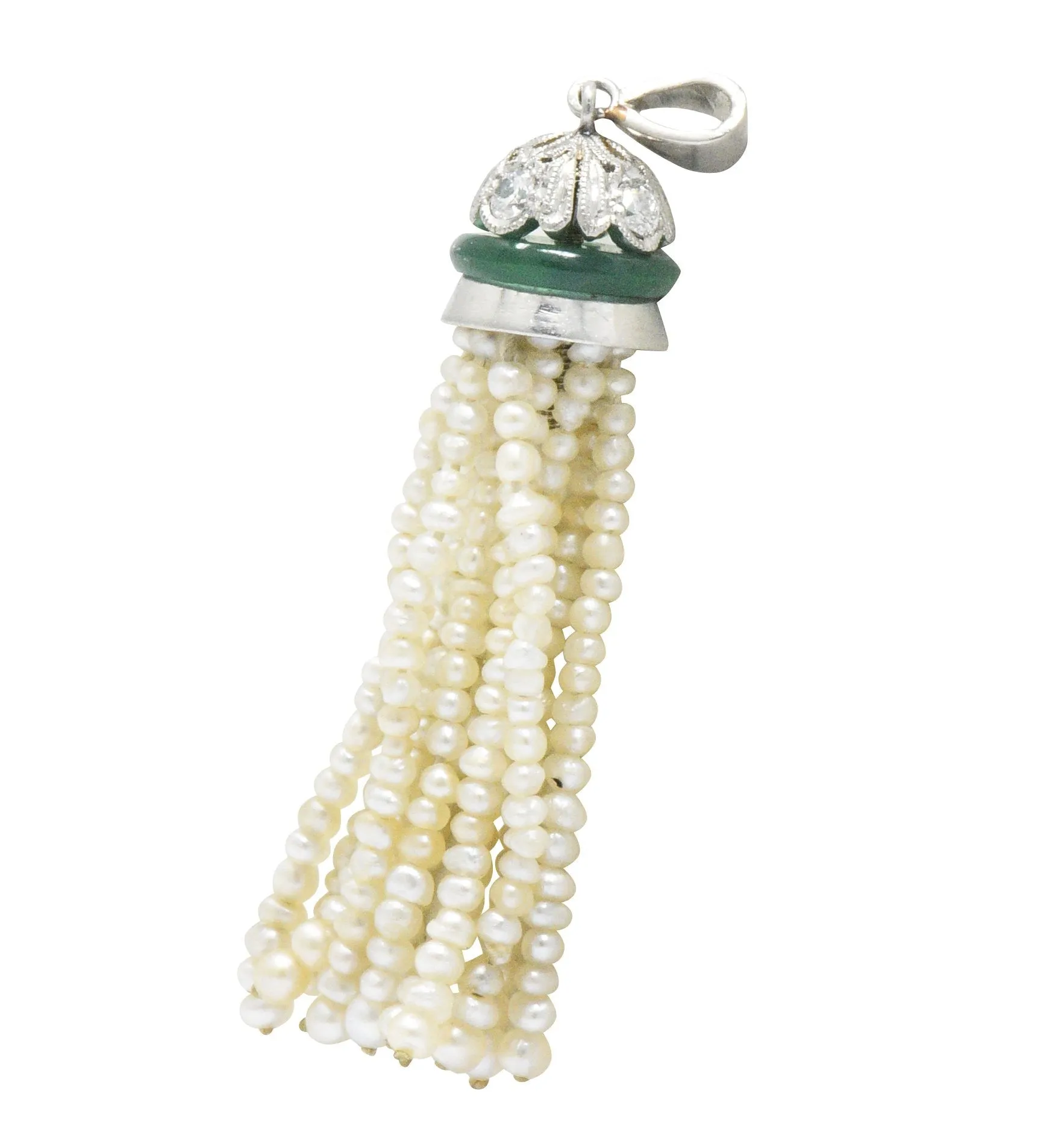 Edwardian Natural Seed Pearl Chalcedony Diamond Platinum Tassel Pendant
