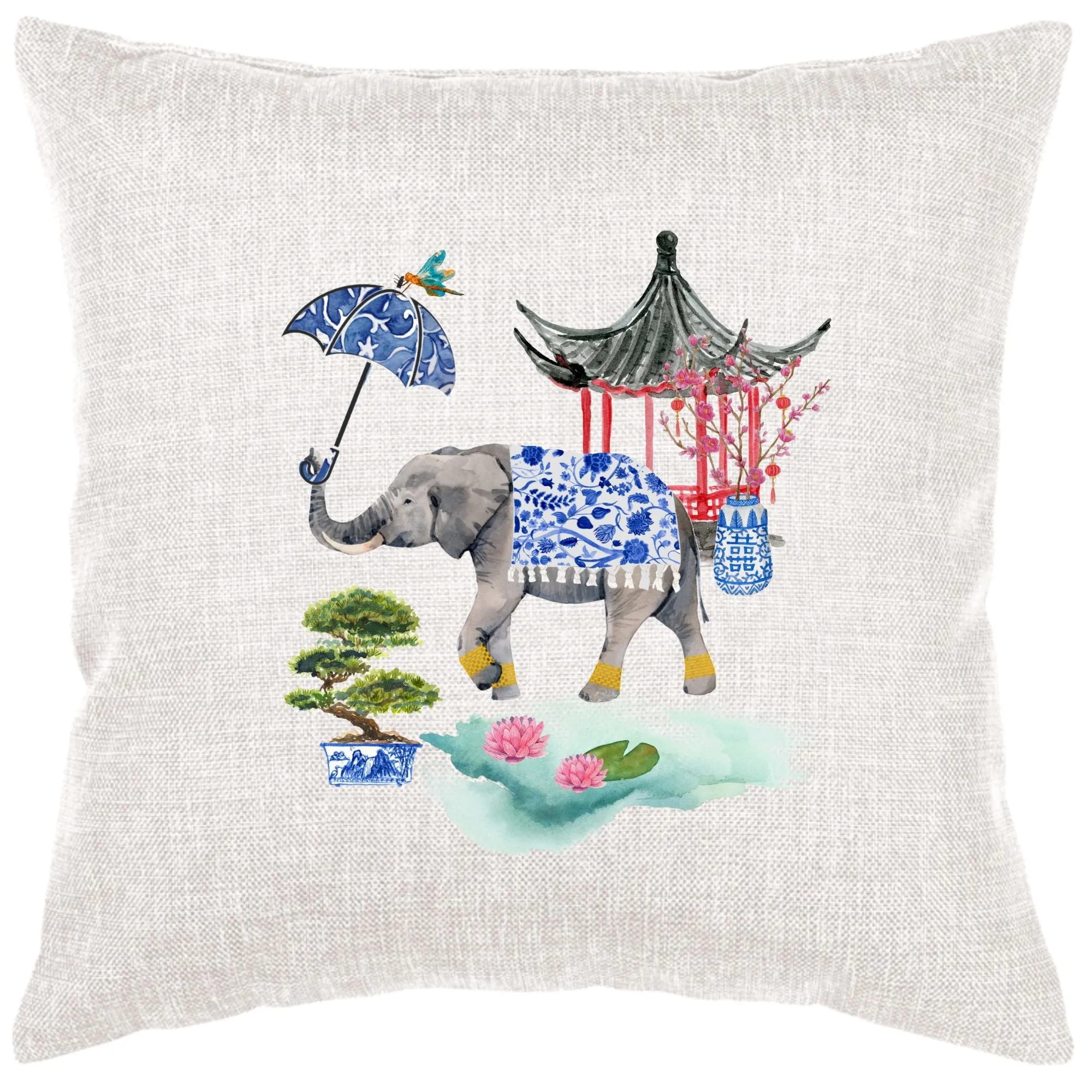 Elephant And Pagoda Pillow Cover