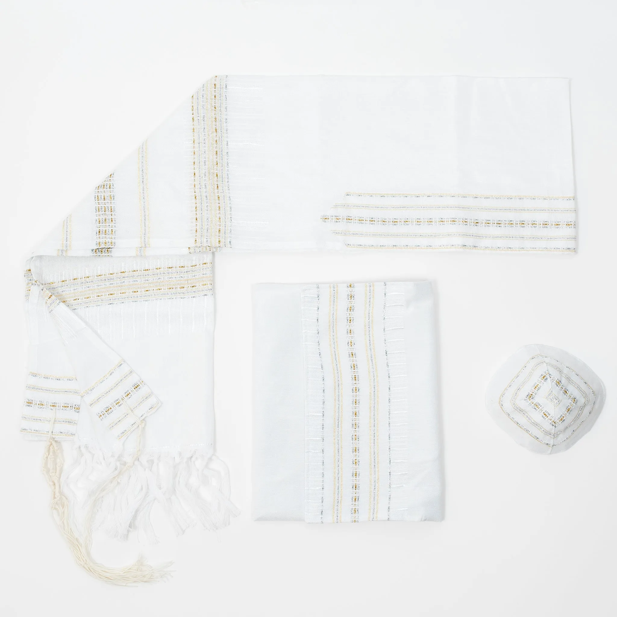 Elia - Silk Tallit - Gold and Silver on White