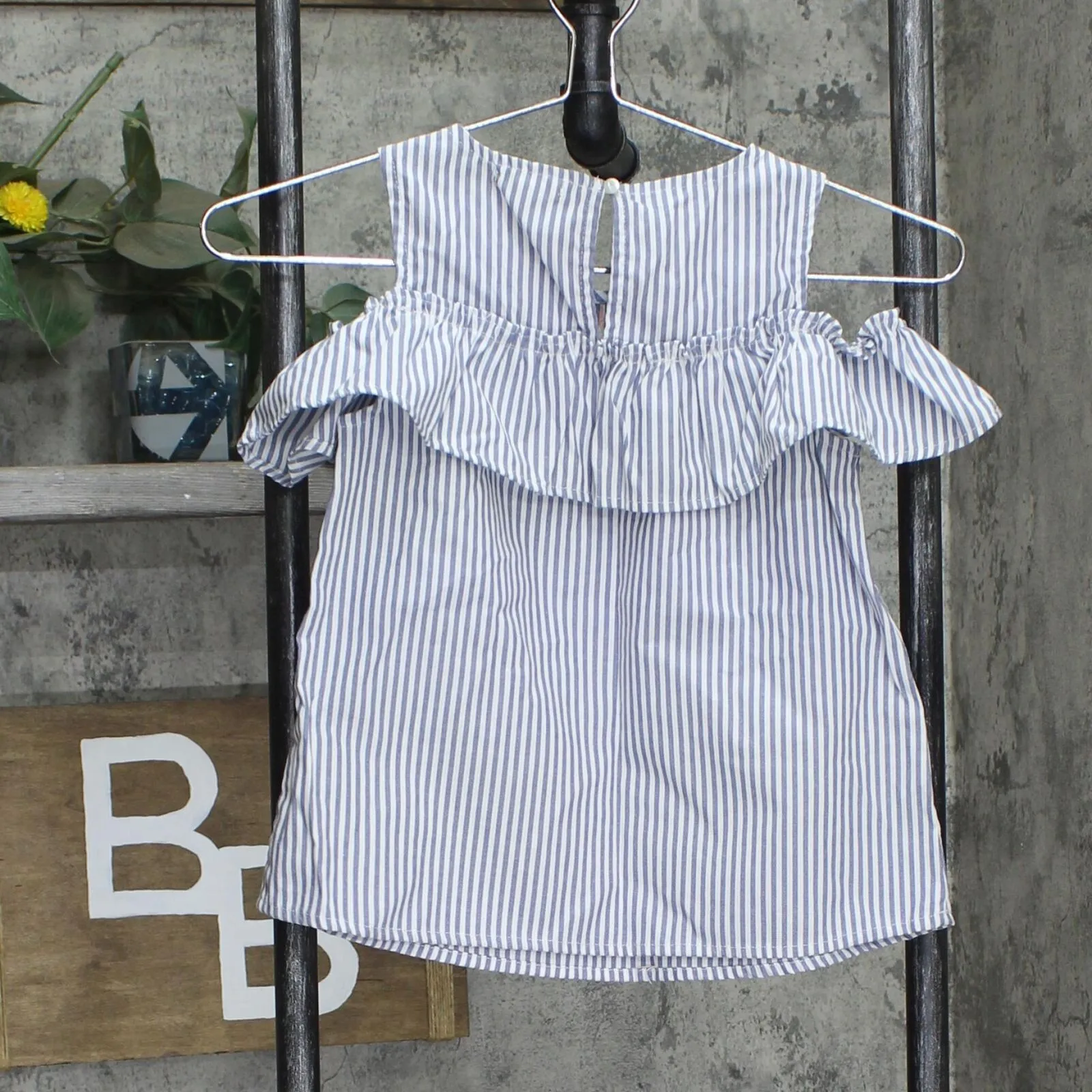 Eyeshadow Girls Woveen Cold Shoulder Ruffle Shirt Top Blue / White Stripe M