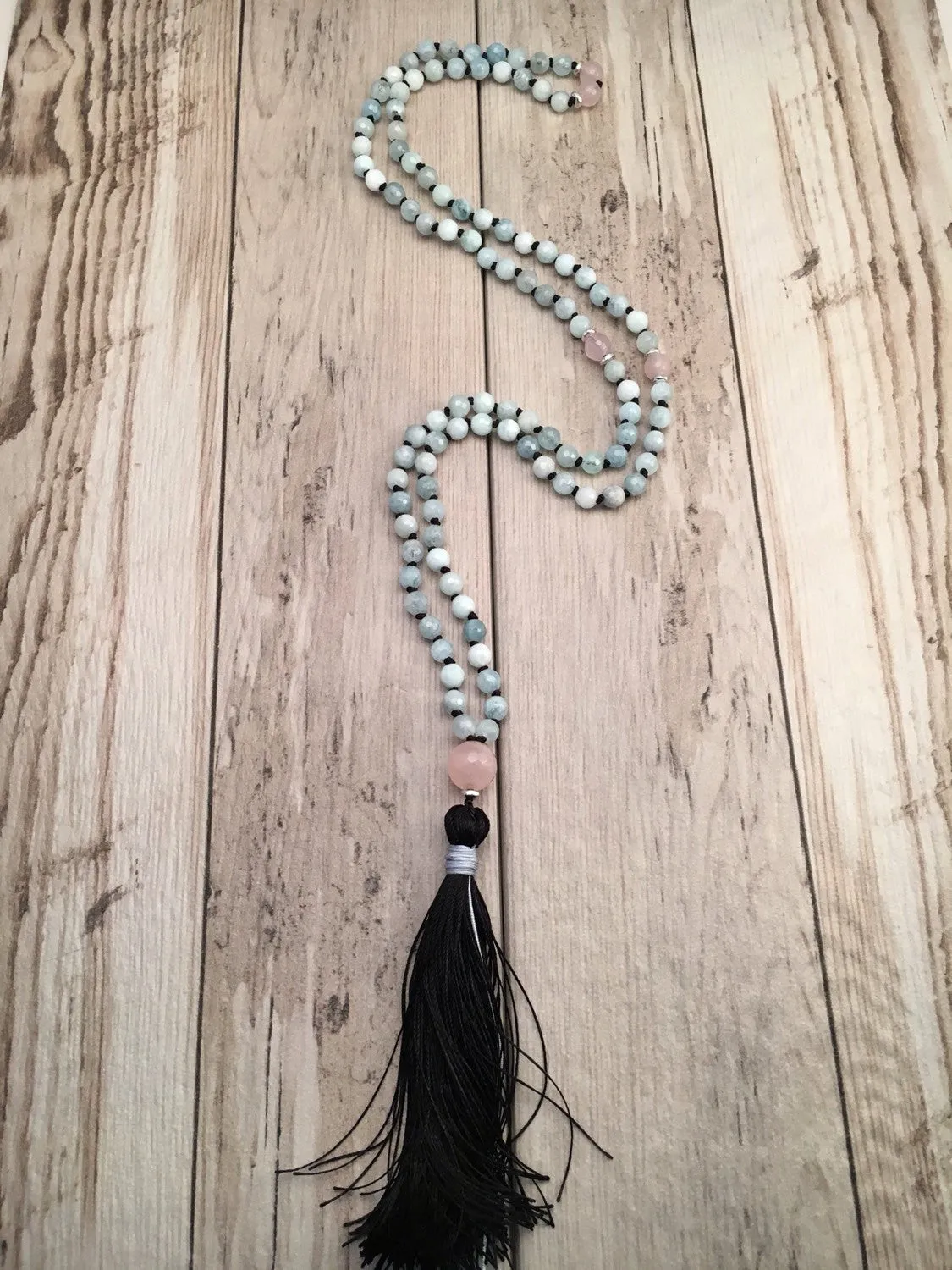 Faceted Aquamarine and Rose Quartz Mala Necklace