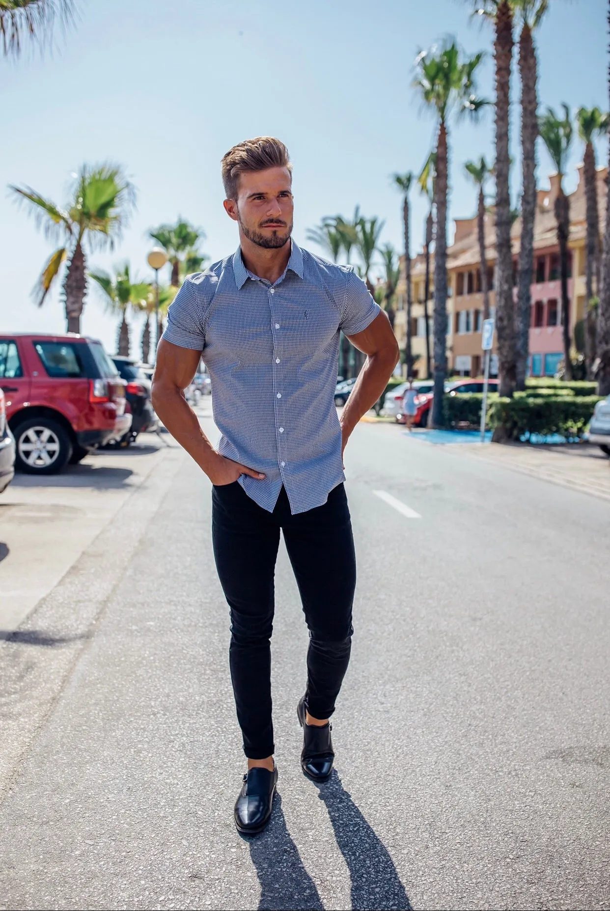 Father Sons Super Slim Stretch Black Gingham Short Sleeve (Grey Emblem) - FS578
