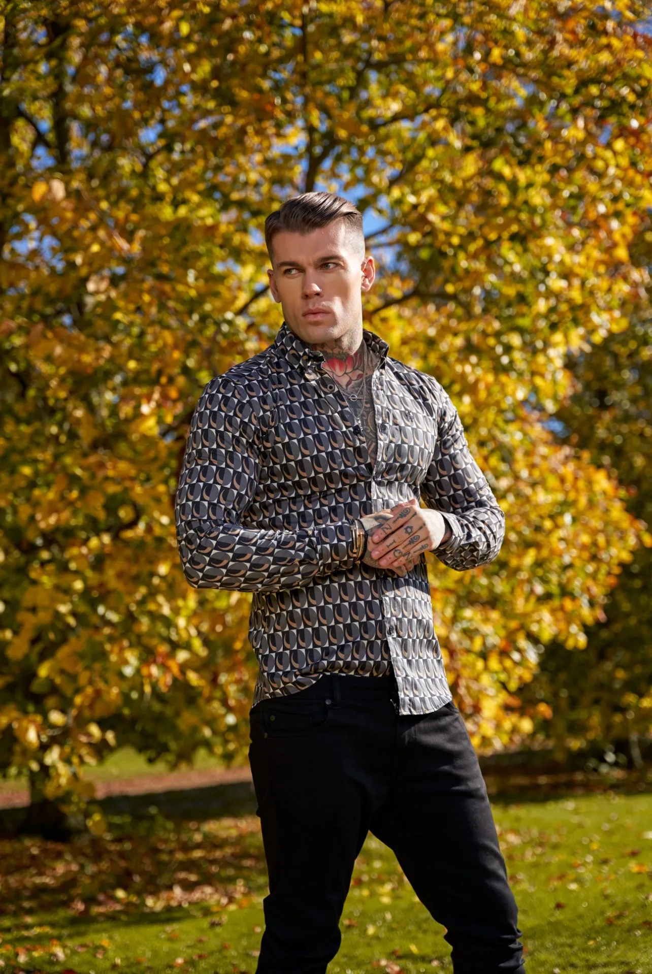 Father Sons Super Slim Stretch Black Multi Retro Print Long Sleeve with Button Down Collar - FS910