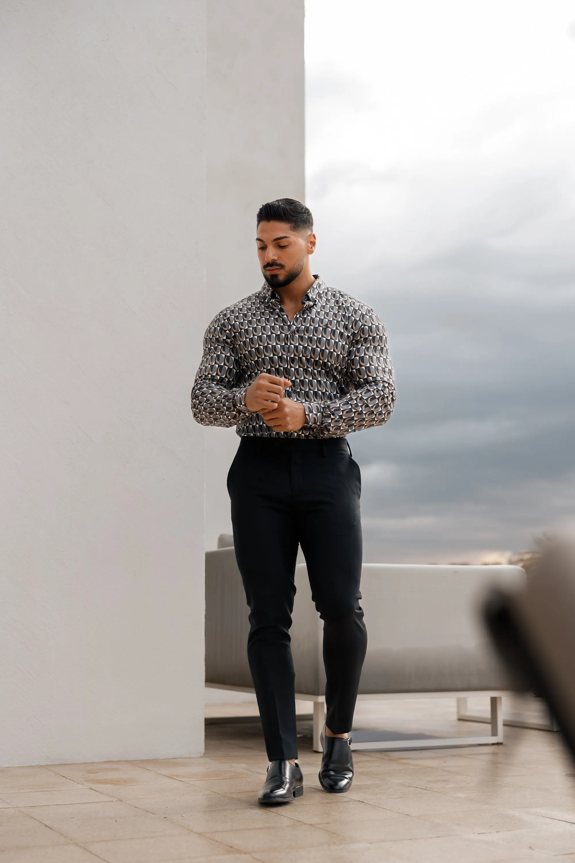Father Sons Super Slim Stretch Black Multi Retro Print Long Sleeve with Button Down Collar - FS910