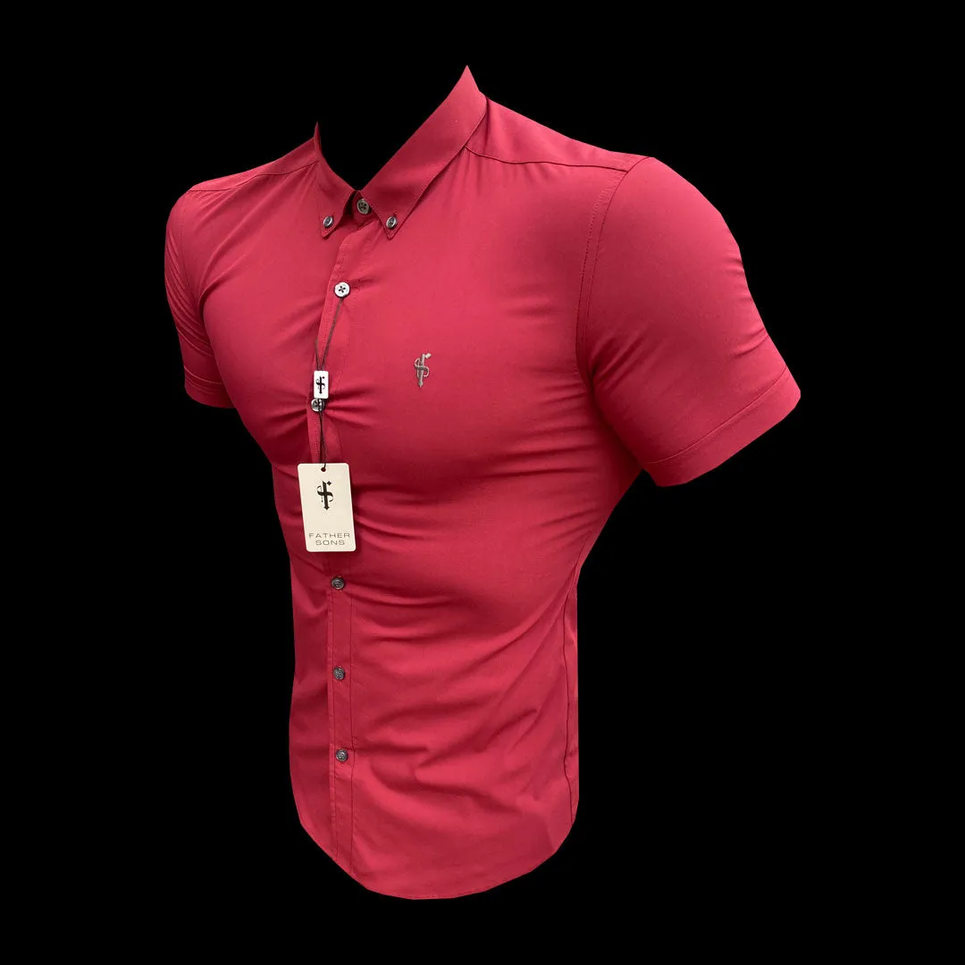 Father Sons Super Slim Stretch Classic Ox Blood Short Sleeve With Button Down Collar -  FS820