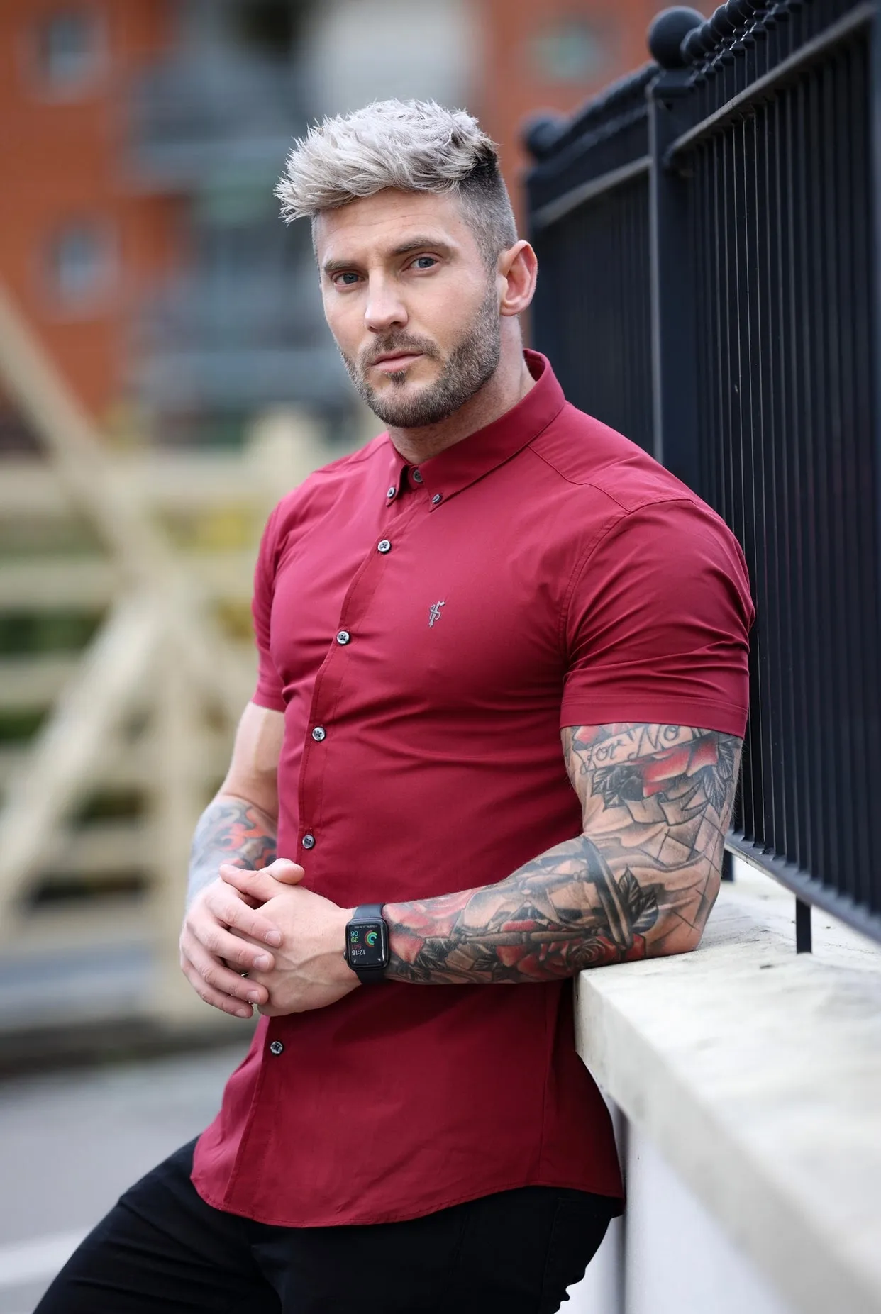 Father Sons Super Slim Stretch Classic Ox Blood Short Sleeve With Button Down Collar -  FS820