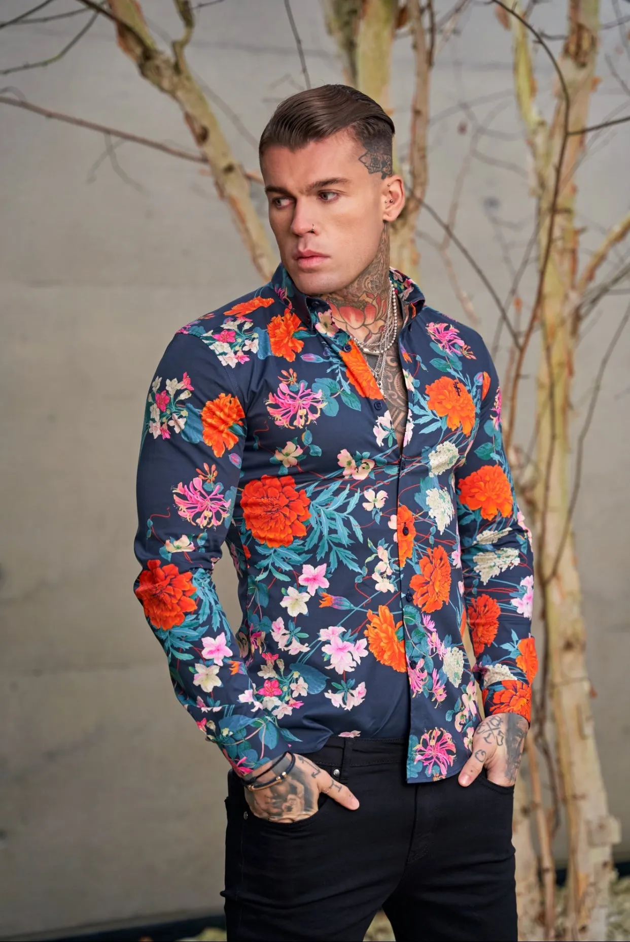 Father Sons Super Slim Stretch Navy / Red Carnation Print Long Sleeve with Button Down Collar - FS852