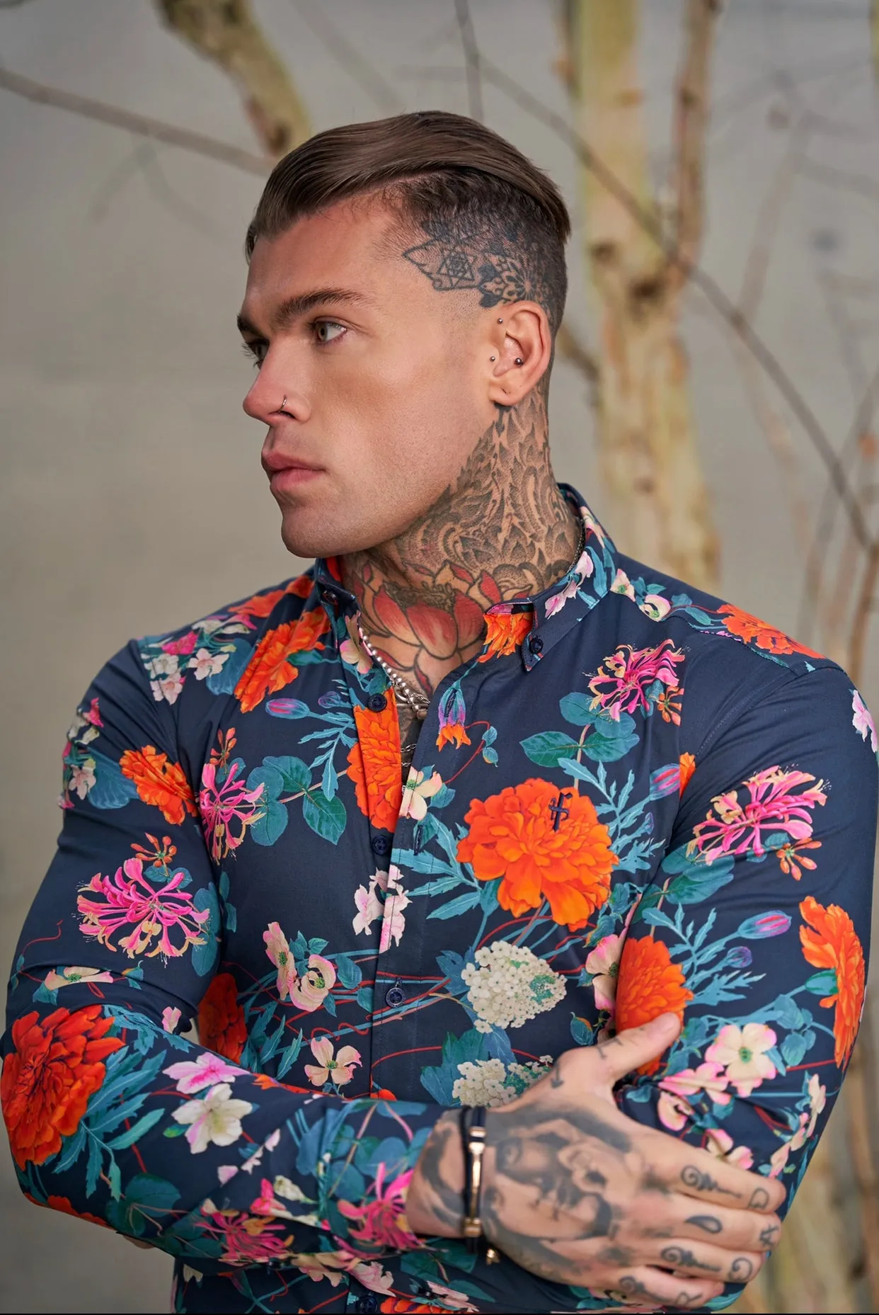 Father Sons Super Slim Stretch Navy / Red Carnation Print Long Sleeve with Button Down Collar - FS852