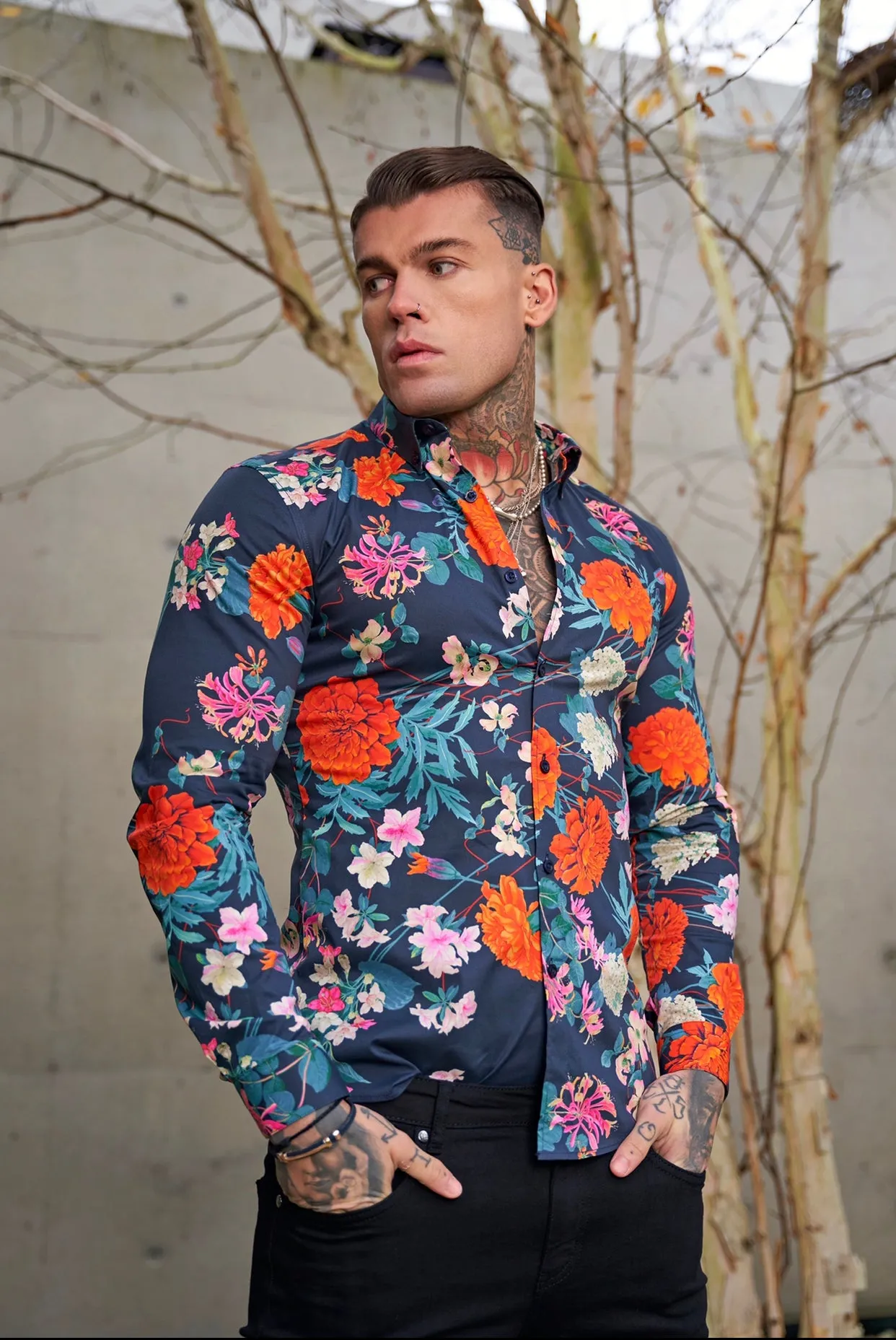 Father Sons Super Slim Stretch Navy / Red Carnation Print Long Sleeve with Button Down Collar - FS852