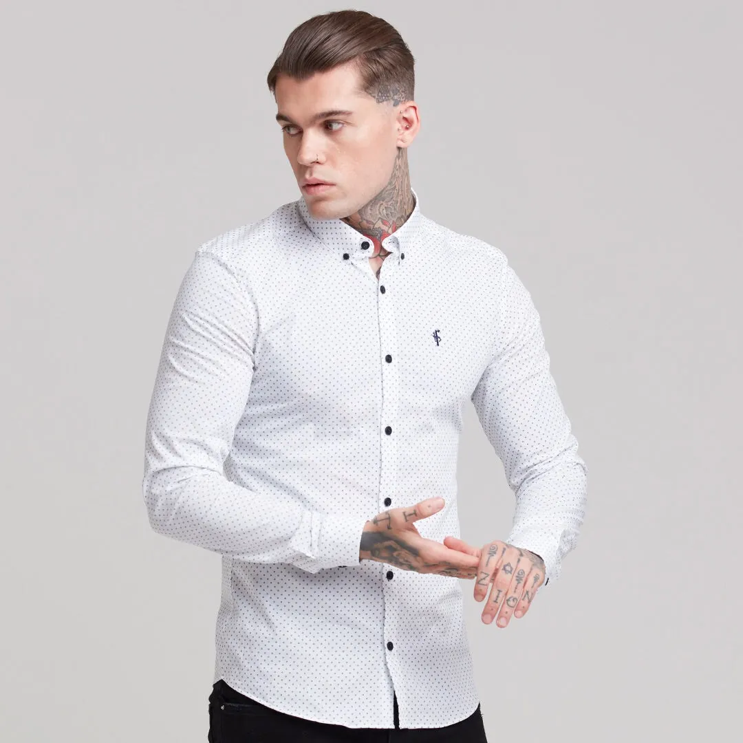 Father Sons Super Slim Stretch White & Navy Ditsy Print Long Sleeve FS415