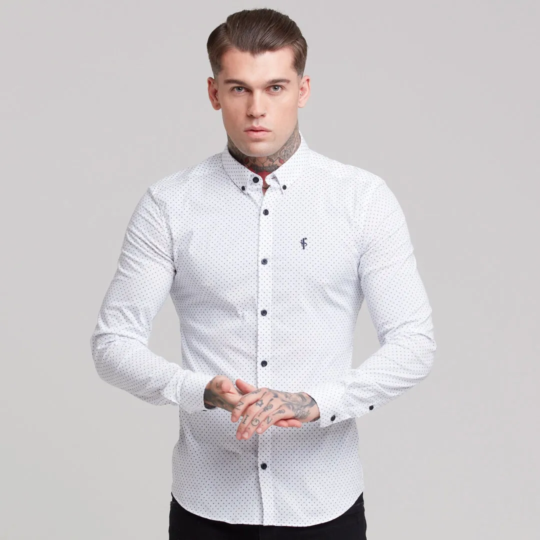 Father Sons Super Slim Stretch White & Navy Ditsy Print Long Sleeve FS415