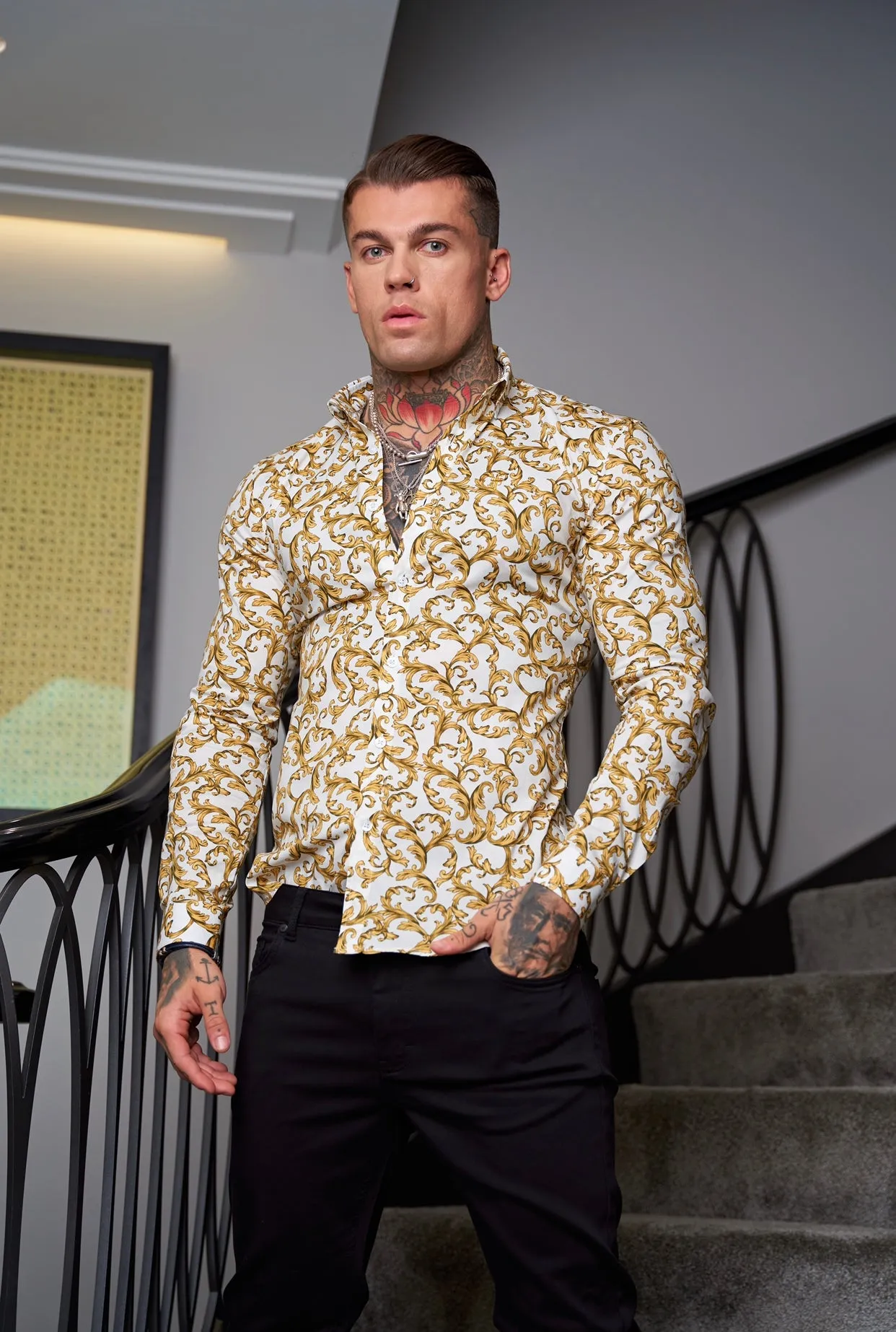 Father Sons Super Slim Stretch White / Gold Scroll Print Long Sleeve with Button Down Collar - FS822