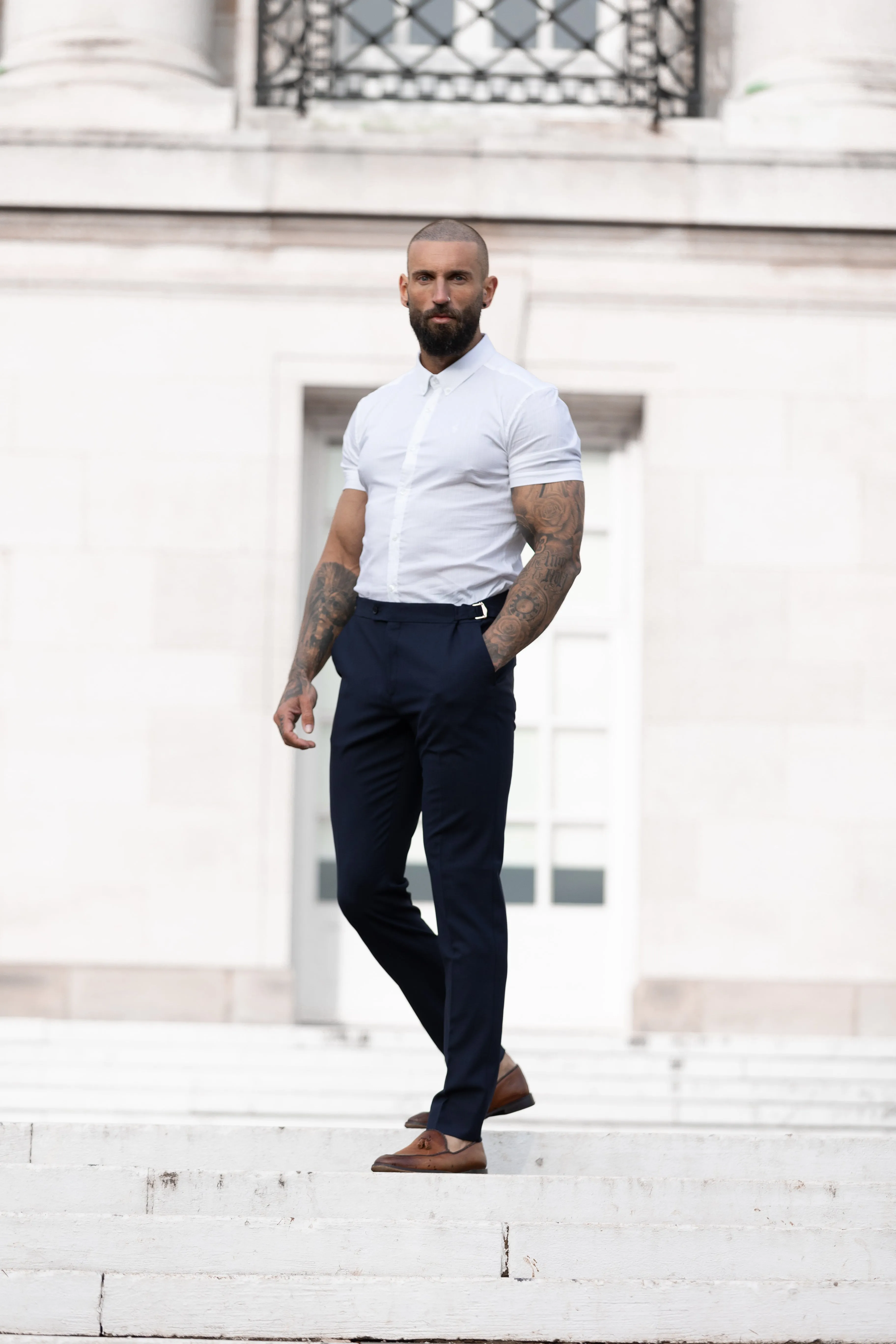 Father Sons Super Slim Stretch White Self Woven Stripe Short Sleeve with Button Down Collar - FS988