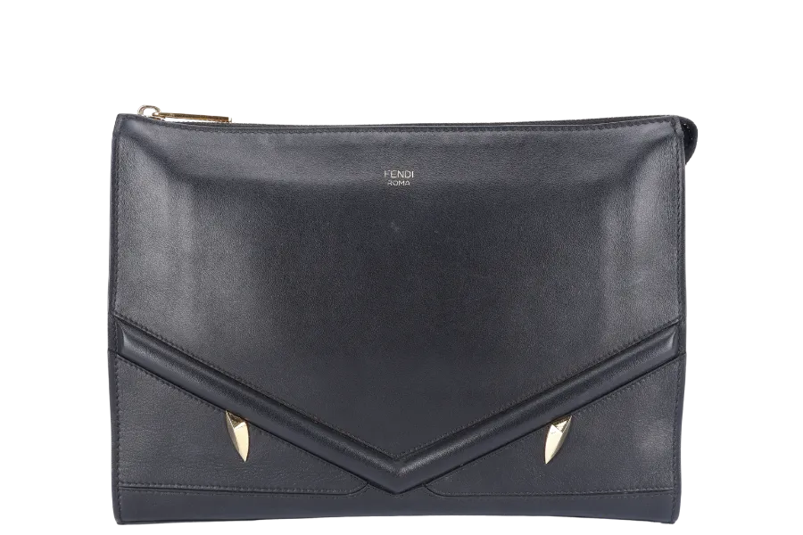 FENDI VITELLO GRACE EYEBROW MONSTER EYES POUCH (7VA433) BLACK GOLD HARDWARE NO DUST COVER